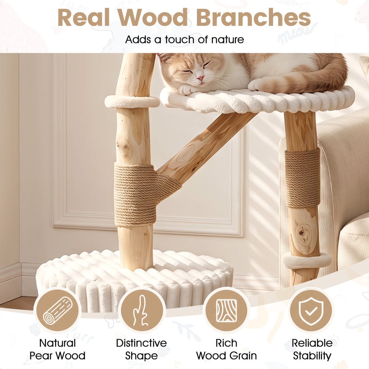 Solid Wood Cat Tree 41 Inch with Real Branches & Scratching Posts and Cozy Bed-Beige-Cat Trees & Scratchers-DECOROLALA