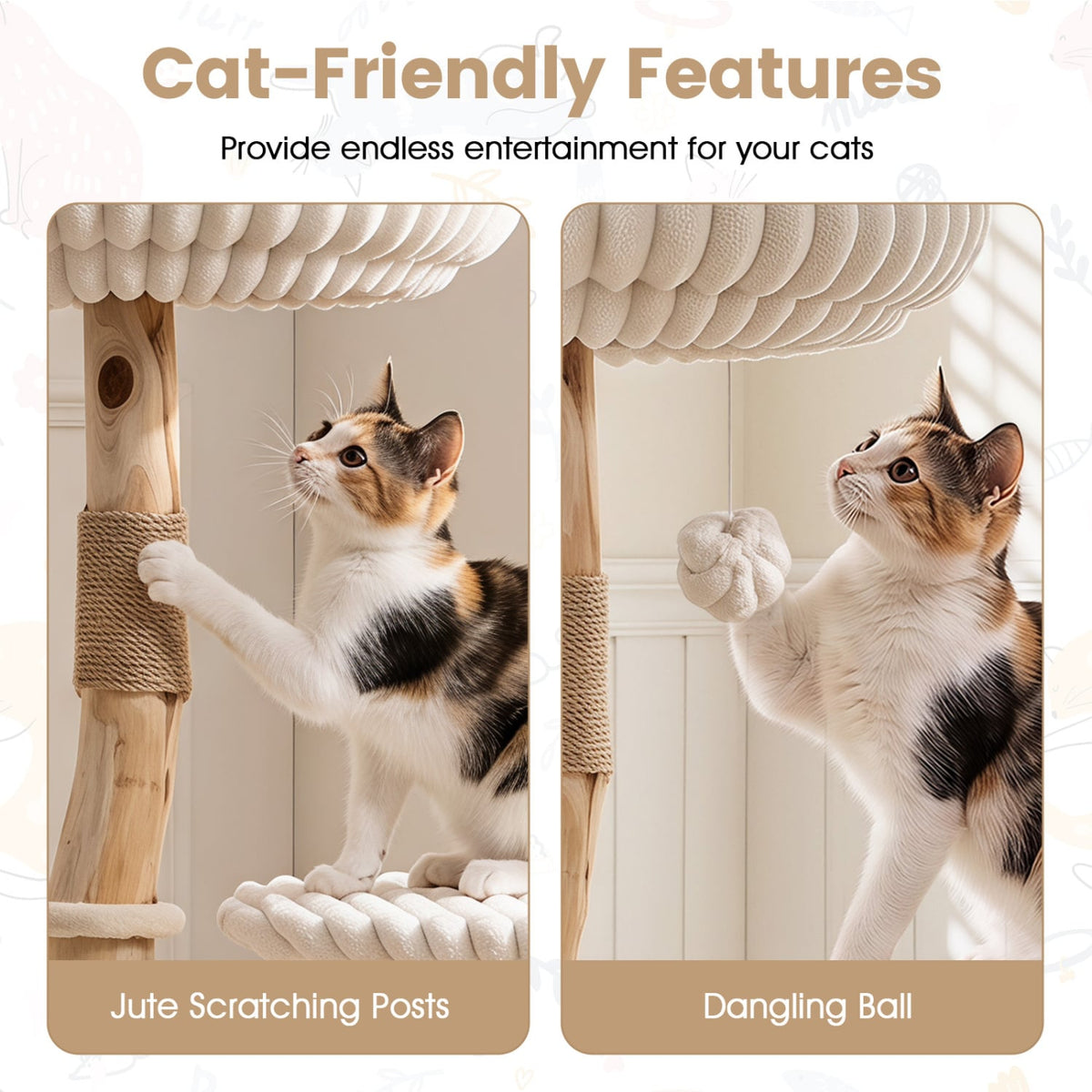 Solid Wood Cat Tree 41 Inch with Real Branches & Scratching Posts and Cozy Bed-Beige-Cat Trees & Scratchers-DECOROLALA