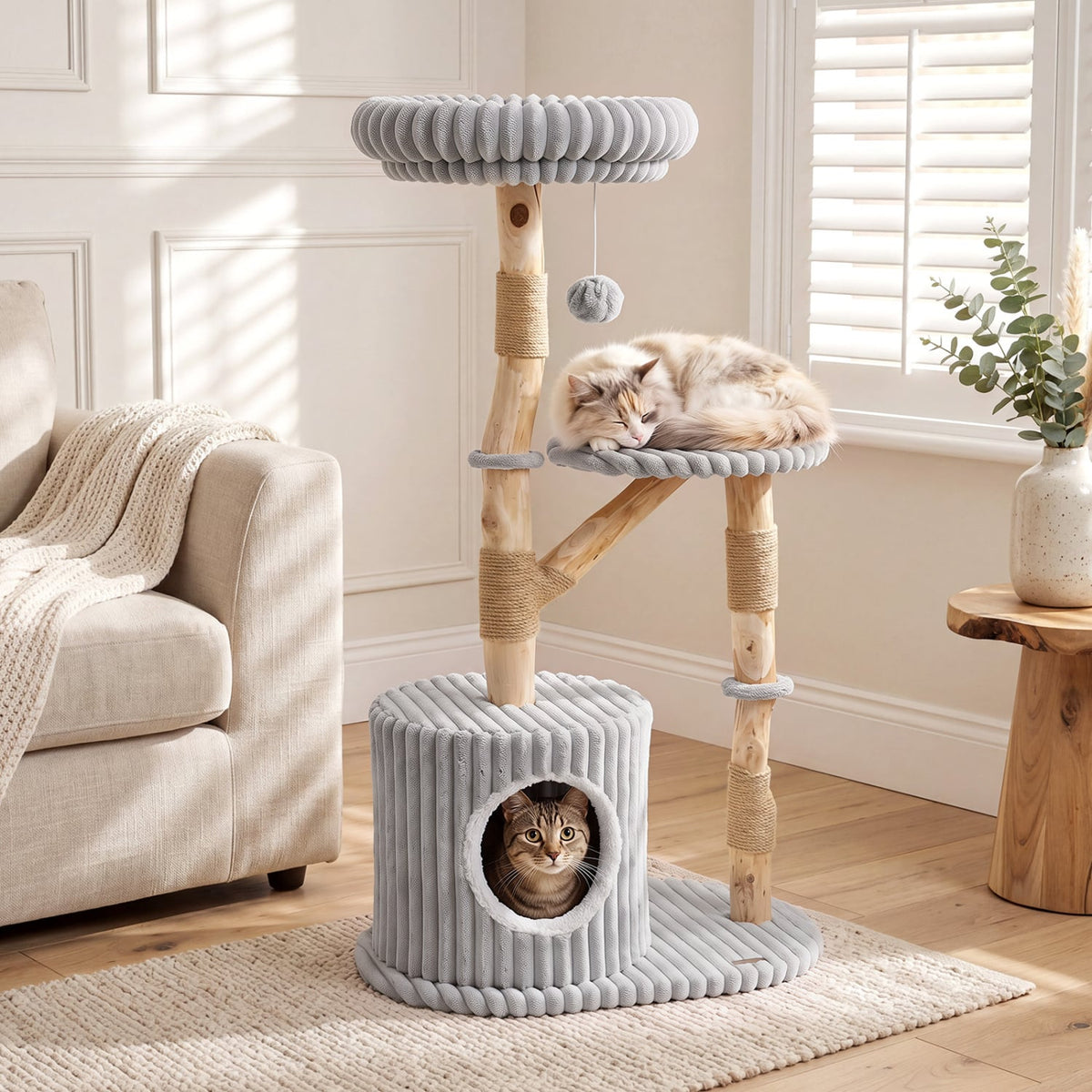 Solid Wood Cat Tree 41 Inch with Real Branches & Scratching Posts and Cozy Bed-Gray-Cat Trees & Scratchers-DECOROLALA