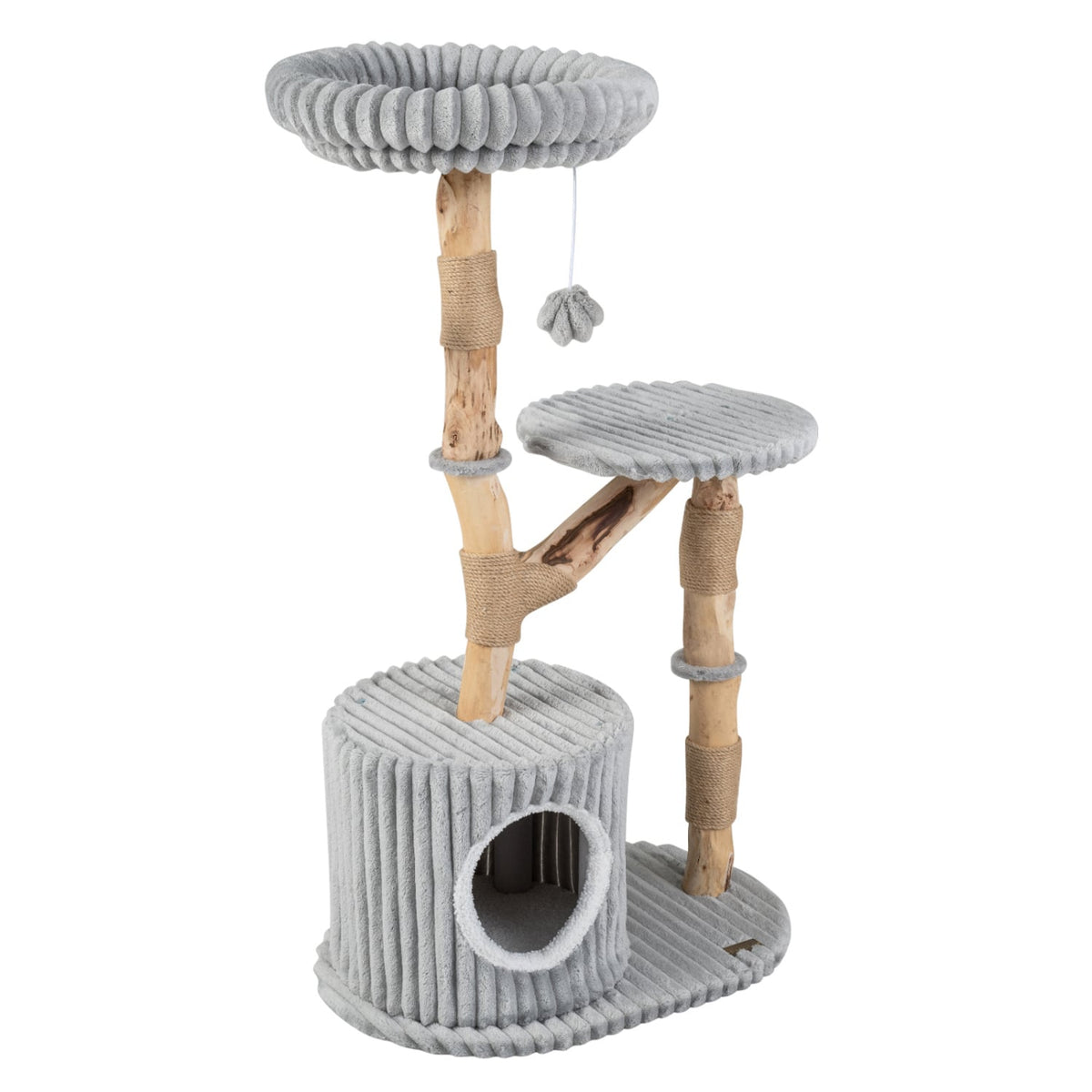 Solid Wood Cat Tree 41 Inch with Real Branches & Scratching Posts and Cozy Bed-Gray-Cat Trees & Scratchers-DECOROLALA
