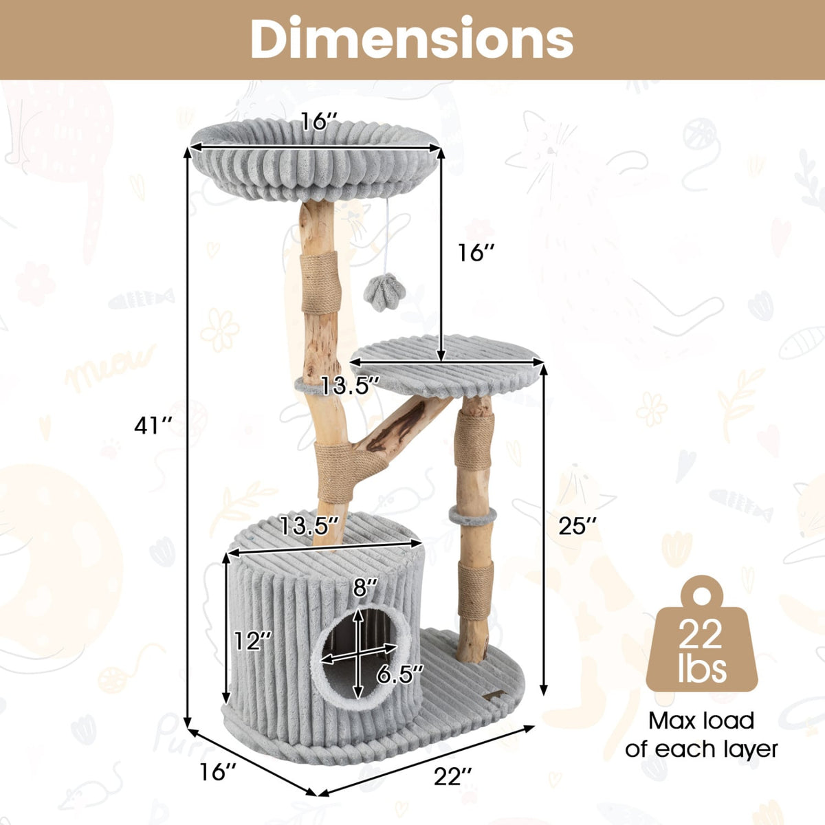 Solid Wood Cat Tree 41 Inch with Real Branches & Scratching Posts and Cozy Bed-Gray-Cat Trees & Scratchers-DECOROLALA