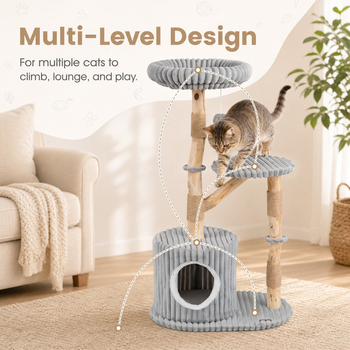 Solid Wood Cat Tree 41 Inch with Real Branches & Scratching Posts and Cozy Bed-Gray-Cat Trees & Scratchers-DECOROLALA