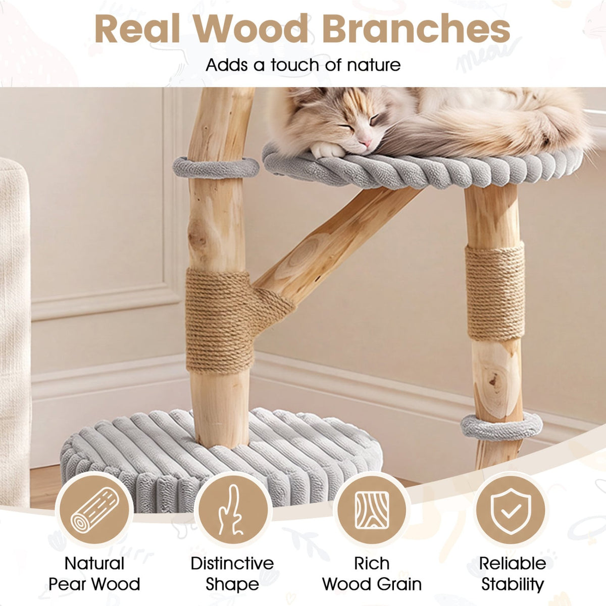 Solid Wood Cat Tree 41 Inch with Real Branches & Scratching Posts and Cozy Bed-Gray-Cat Trees & Scratchers-DECOROLALA