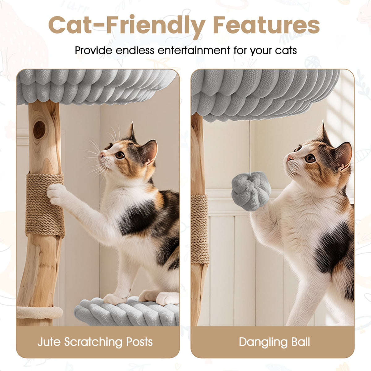Solid Wood Cat Tree 41 Inch with Real Branches & Scratching Posts and Cozy Bed-Gray-Cat Trees & Scratchers-DECOROLALA
