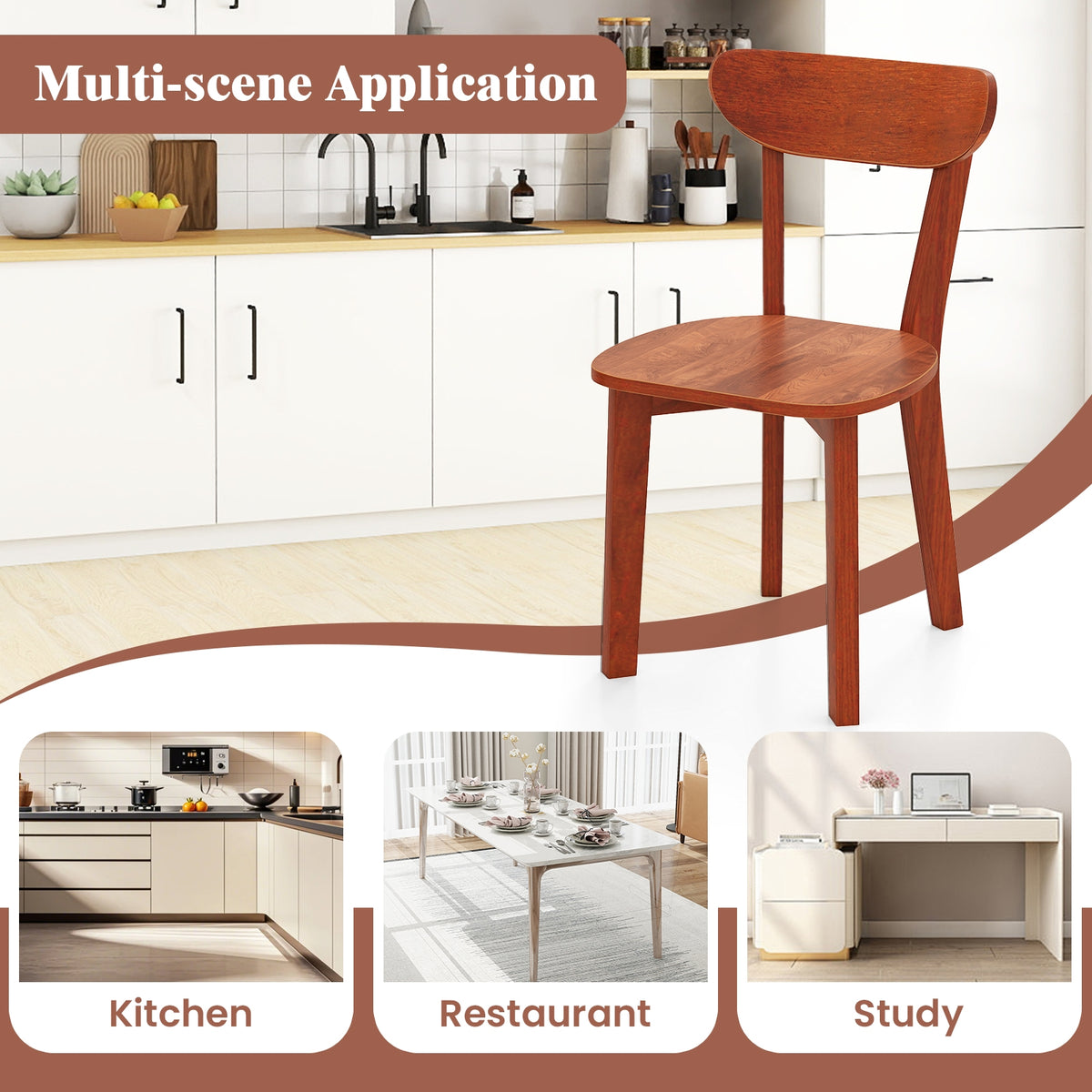 Solid Wood Dining Chair Set of 2 with Curved Backrest and Rubber Wood Frame-Espresso-Dining Chairs-DECOROLALA