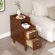 Solid Wood End Table Narrow Bedside Table with Pull-out Tray and 2 Storage Drawers-Brown-Nightstands-DECOROLALA