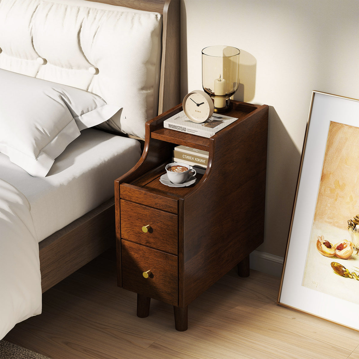 Solid Wood End Table Narrow Bedside Table with Pull-out Tray and 2 Storage Drawers-Brown-Nightstands-DECOROLALA