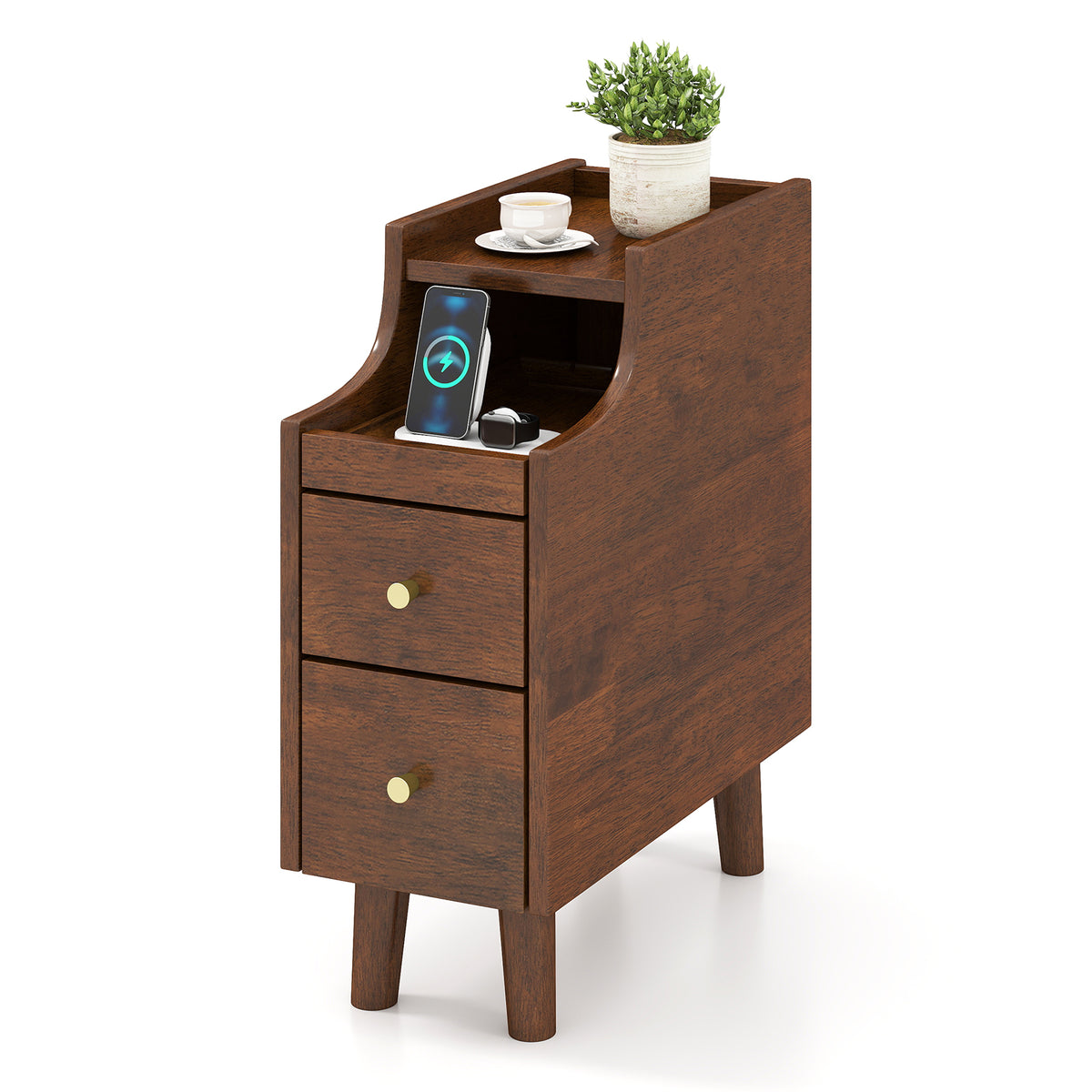Solid Wood End Table Narrow Bedside Table with Pull-out Tray and 2 Storage Drawers-Brown-Nightstands-DECOROLALA