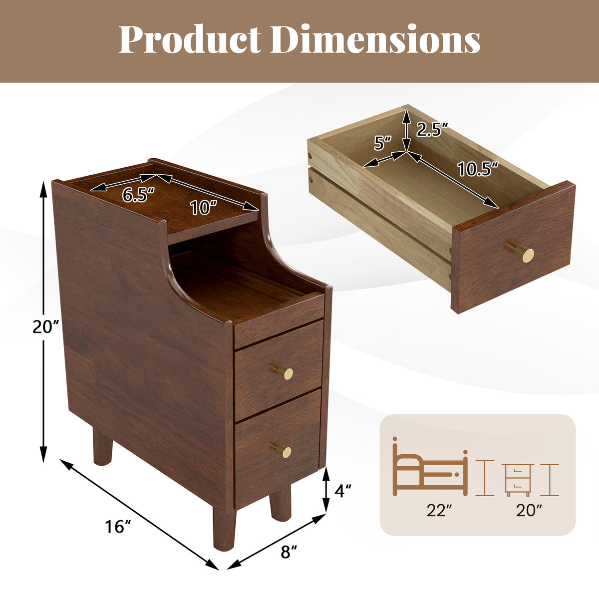 Solid Wood End Table Narrow Bedside Table with Pull-out Tray and 2 Storage Drawers-Brown-Nightstands-DECOROLALA
