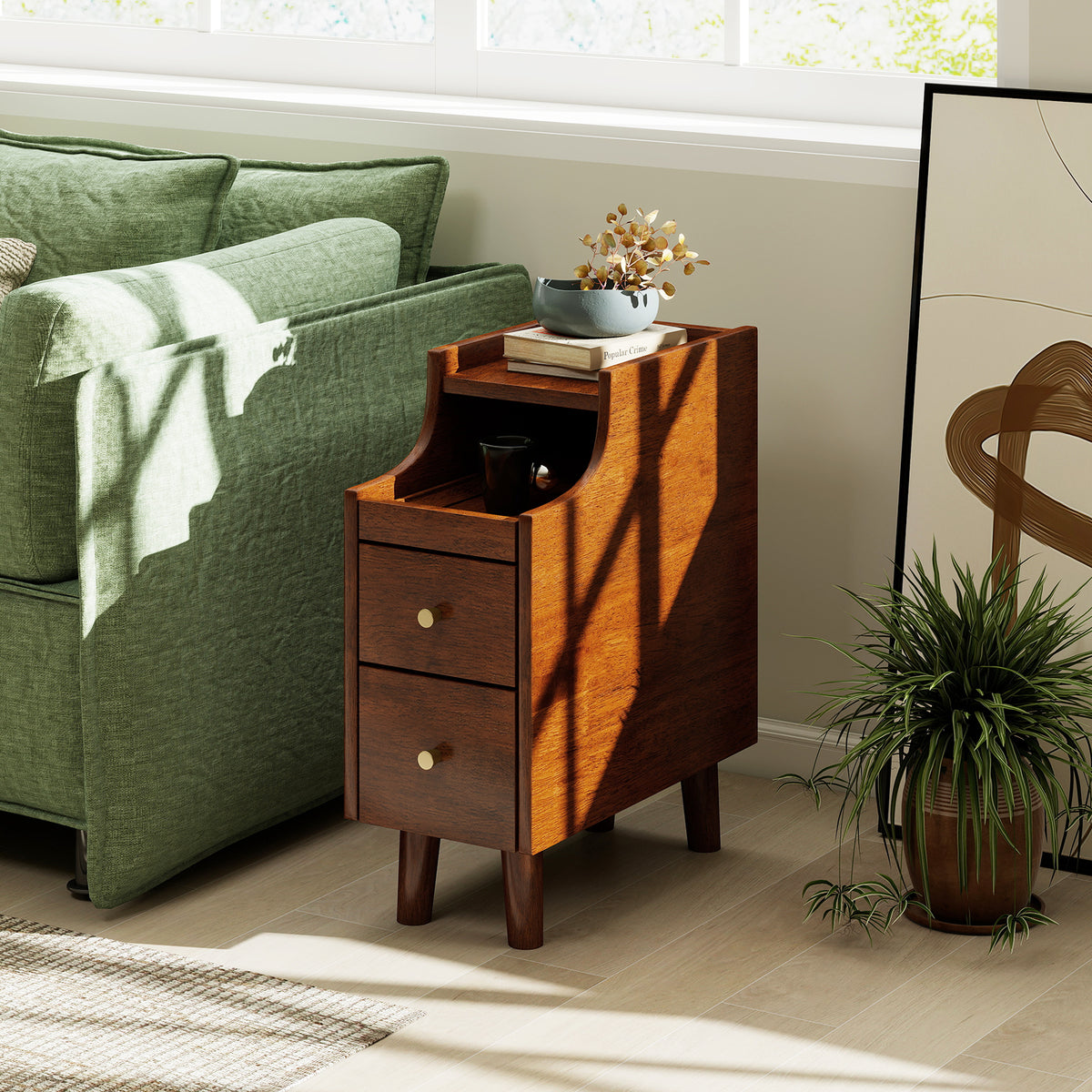 Solid Wood End Table Narrow Bedside Table with Pull-out Tray and 2 Storage Drawers-Brown-Nightstands-DECOROLALA