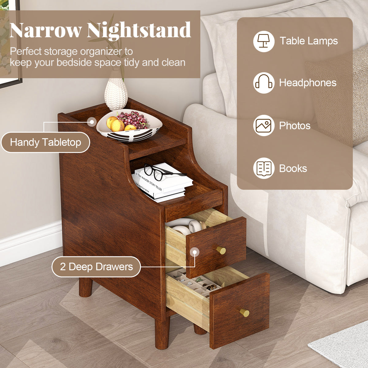 Solid Wood End Table Narrow Bedside Table with Pull-out Tray and 2 Storage Drawers-Brown-Nightstands-DECOROLALA