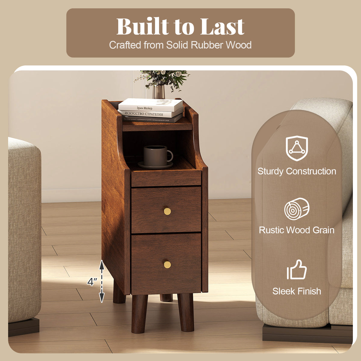 Solid Wood End Table Narrow Bedside Table with Pull-out Tray and 2 Storage Drawers-Brown-Nightstands-DECOROLALA