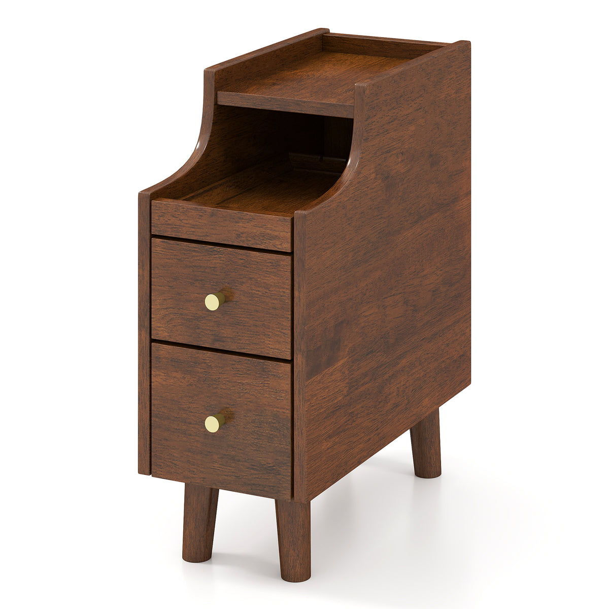 Solid Wood End Table Narrow Bedside Table with Pull-out Tray and 2 Storage Drawers-Brown-Nightstands-DECOROLALA