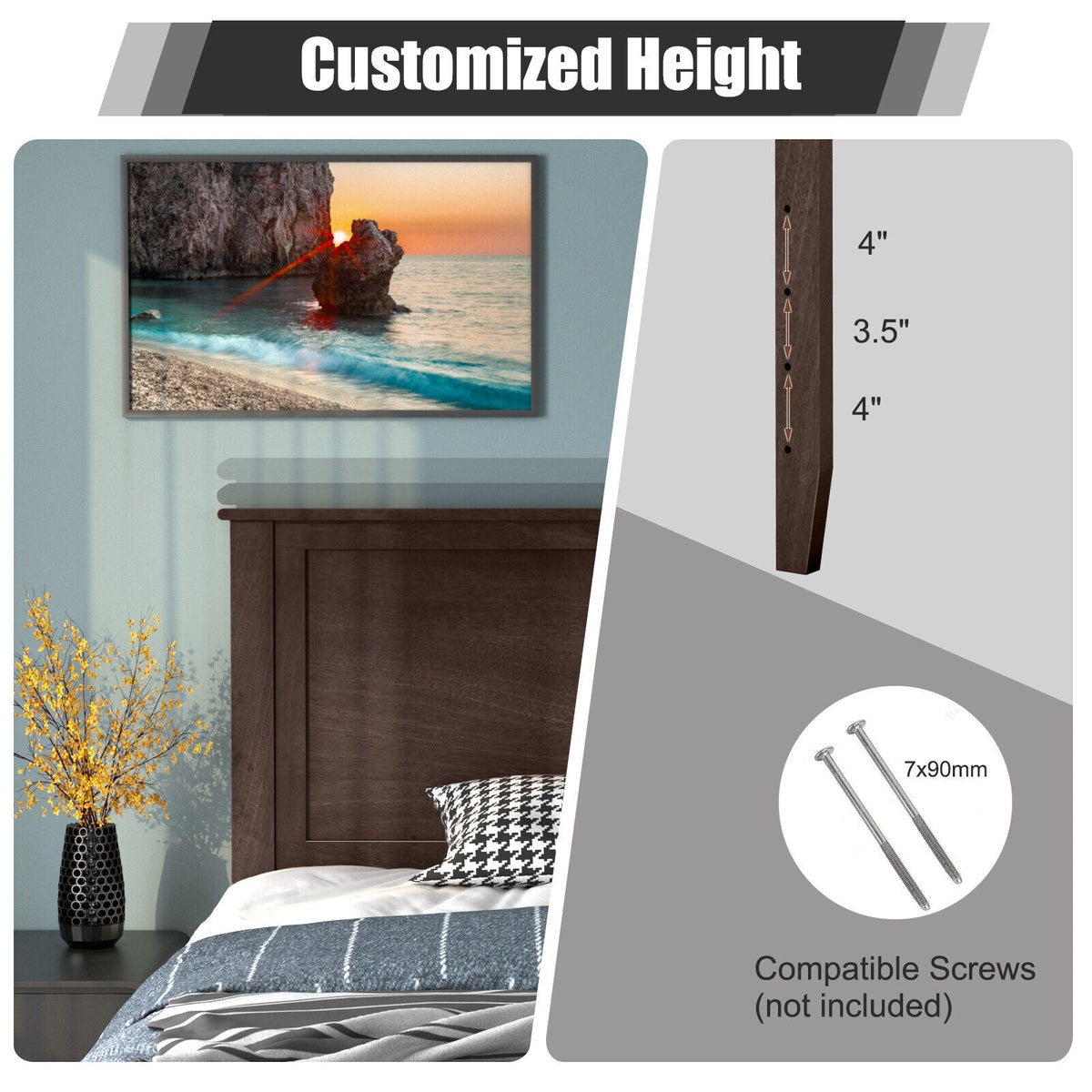 Solid Wood Flat Panel Twin Headboard - Adjustable Height-Headboards-DECOROLALA