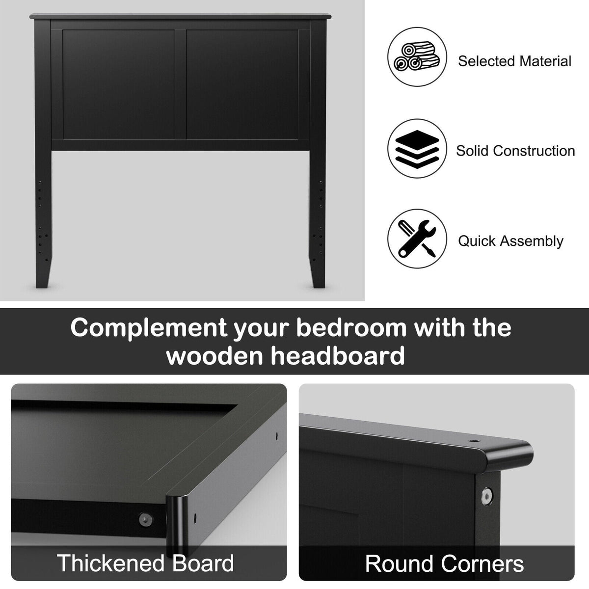 Solid Wood Flat Panel Twin Headboard - Adjustable Height-Headboards-DECOROLALA