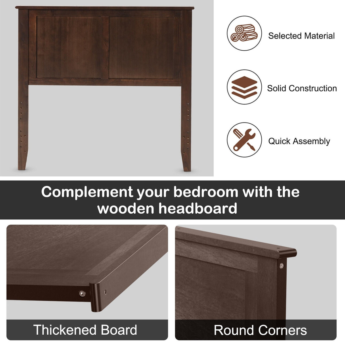 Solid Wood Flat Panel Twin Headboard - Adjustable Height-Headboards-DECOROLALA