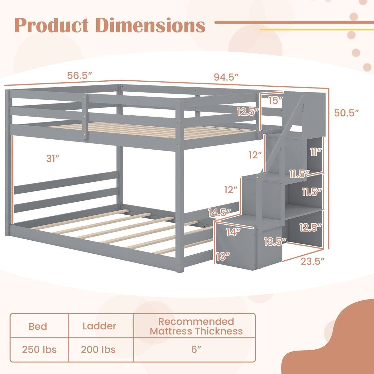 Solid Wood Full Over Full Low Bunk Bed with Storage Stairs-Bunk Bed Frame-DECOROLALA