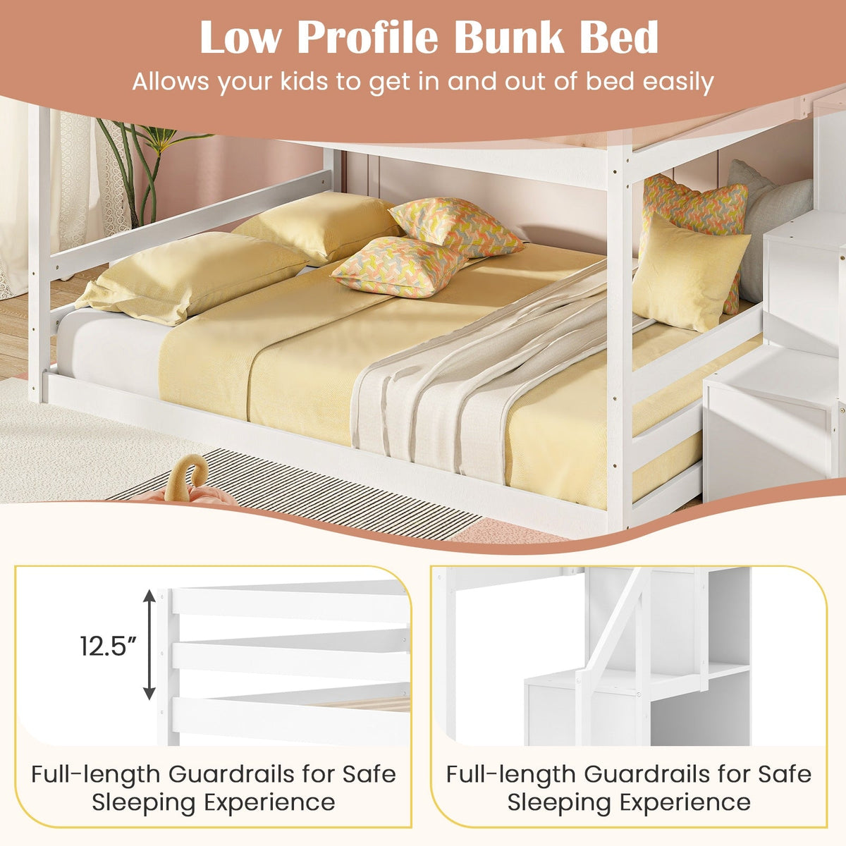 Solid Wood Full Over Full Low Bunk Bed with Storage Stairs-Bunk Bed Frame-DECOROLALA