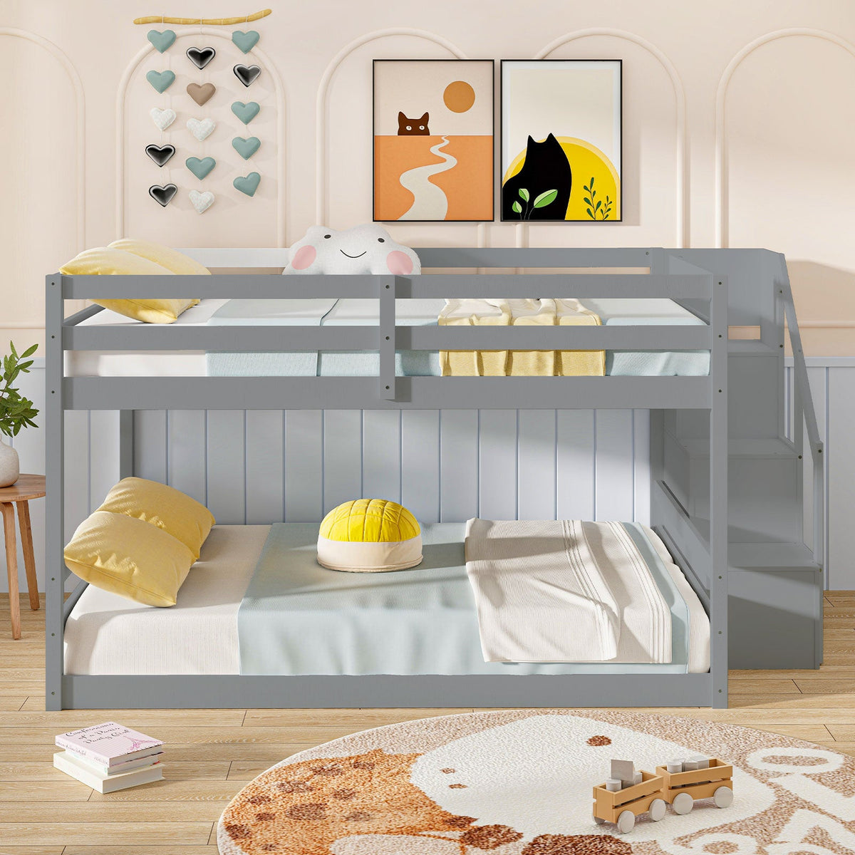 Solid Wood Full Over Full Low Bunk Bed with Storage Stairs-Bunk Bed Frame-DECOROLALA