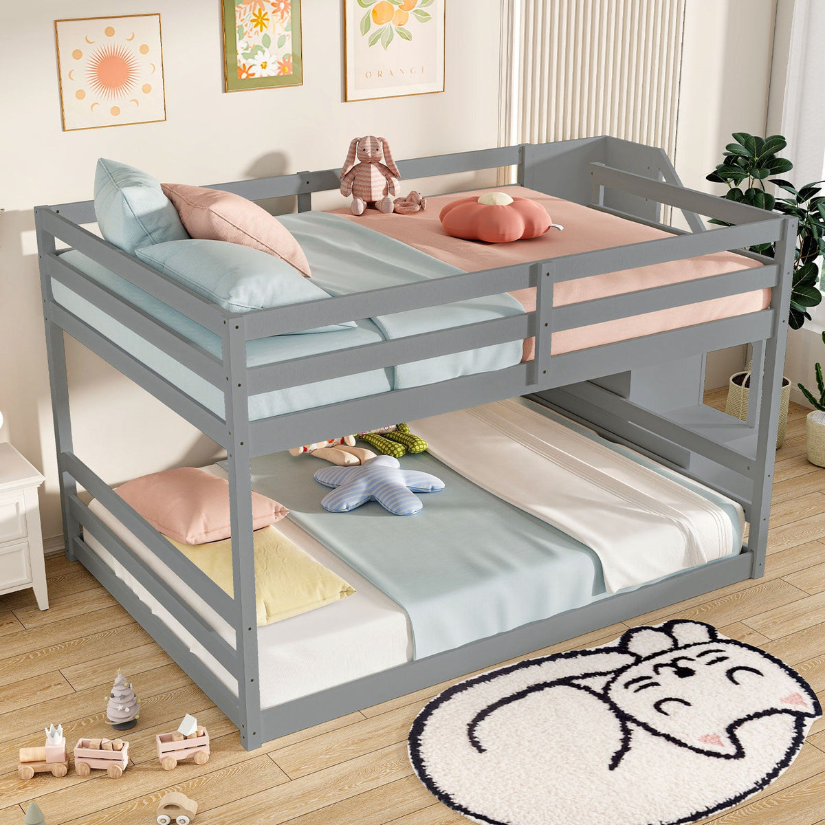 Solid Wood Full Over Full Low Bunk Bed with Storage Stairs-Bunk Bed Frame-DECOROLALA