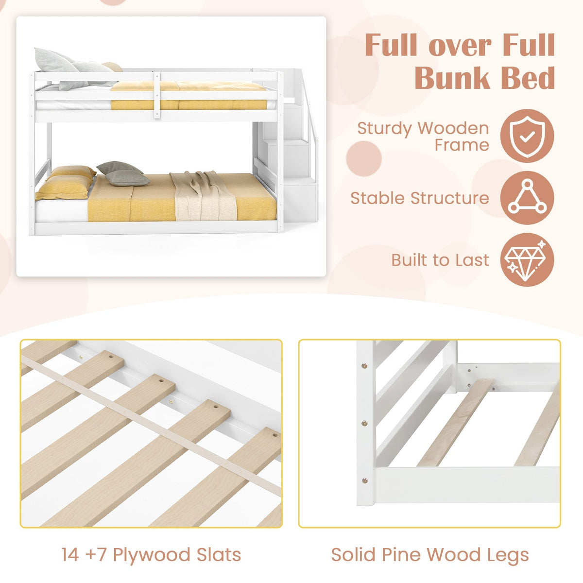 Solid Wood Full Over Full Low Bunk Bed with Storage Stairs-Bunk Bed Frame-DECOROLALA