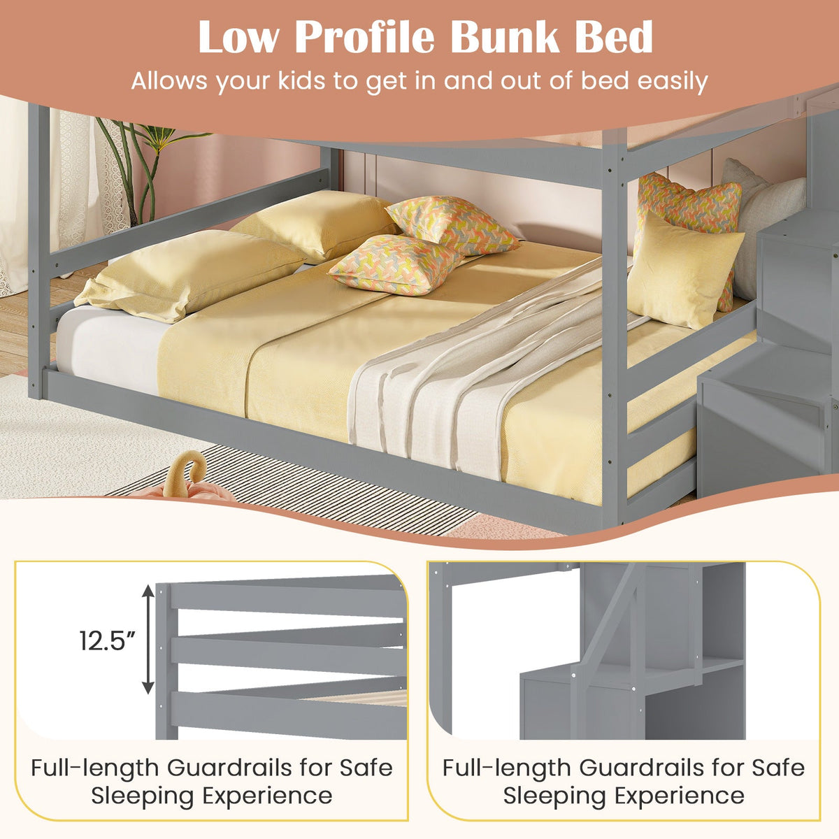 Solid Wood Full Over Full Low Bunk Bed with Storage Stairs-Bunk Bed Frame-DECOROLALA