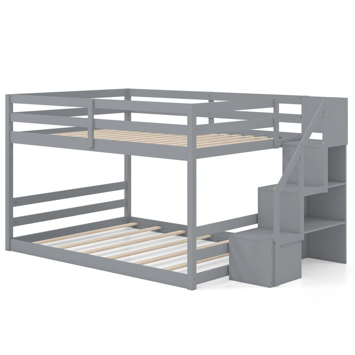 Solid Wood Full Over Full Low Bunk Bed with Storage Stairs-Bunk Bed Frame-DECOROLALA
