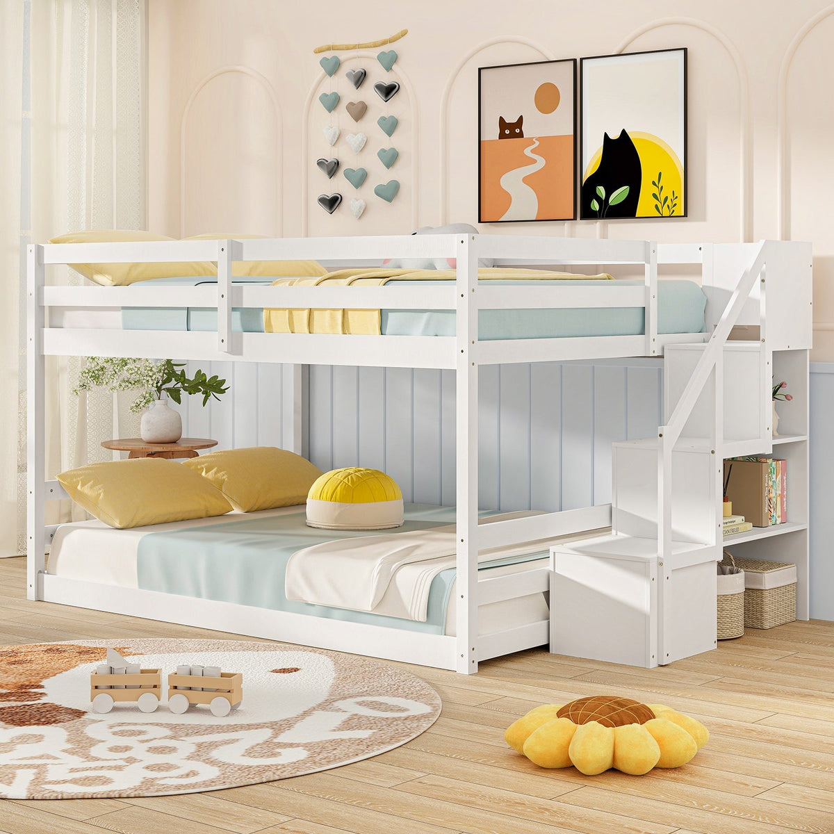 Solid Wood Full Over Full Low Bunk Bed with Storage Stairs-Bunk Bed Frame-DECOROLALA