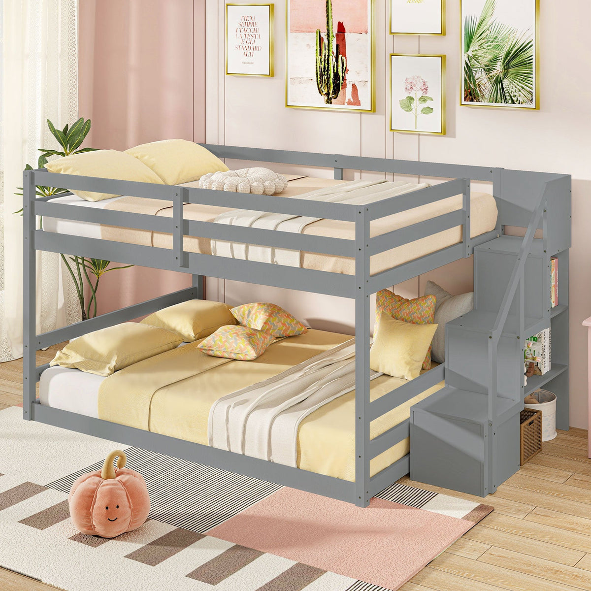 Solid Wood Full Over Full Low Bunk Bed with Storage Stairs-Bunk Bed Frame-DECOROLALA