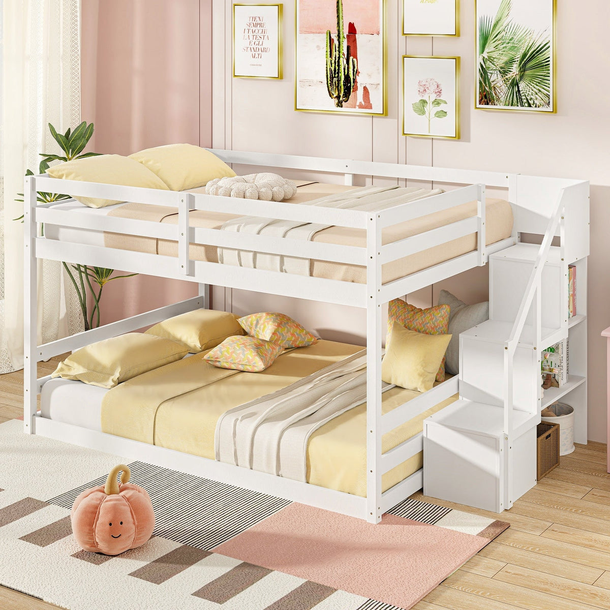 Solid Wood Full Over Full Low Bunk Bed with Storage Stairs-Bunk Bed Frame-DECOROLALA