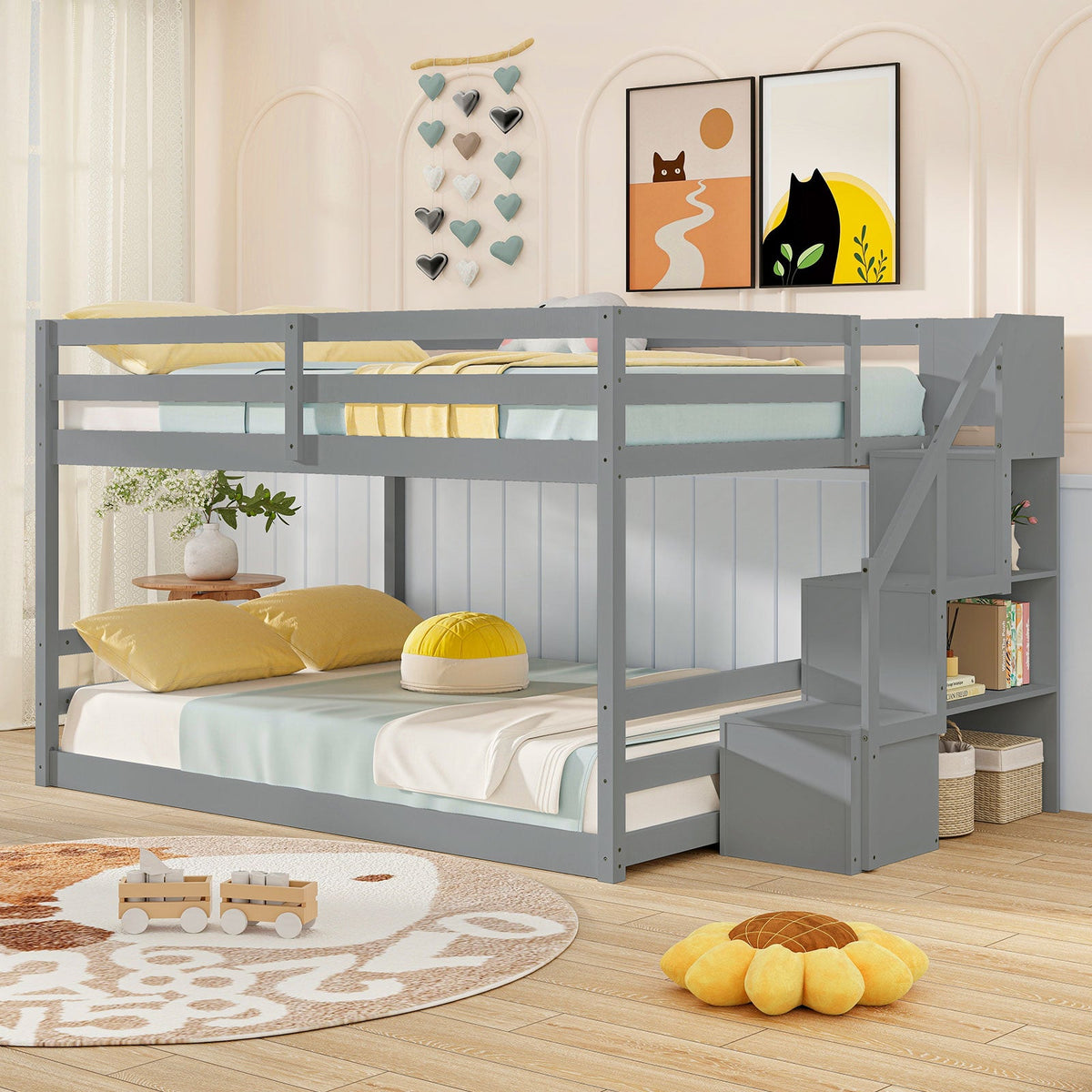 Solid Wood Full Over Full Low Bunk Bed with Storage Stairs-Bunk Bed Frame-DECOROLALA