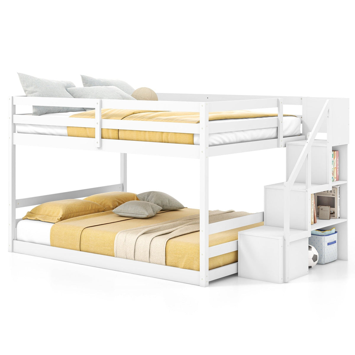 Solid Wood Full Over Full Low Bunk Bed with Storage Stairs-Bunk Bed Frame-DECOROLALA