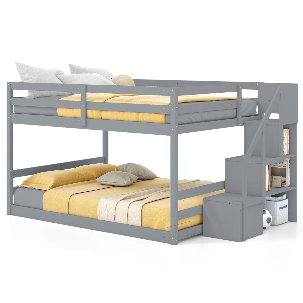 Solid Wood Full Over Full Low Bunk Bed with Storage Stairs-Bunk Bed Frame-DECOROLALA