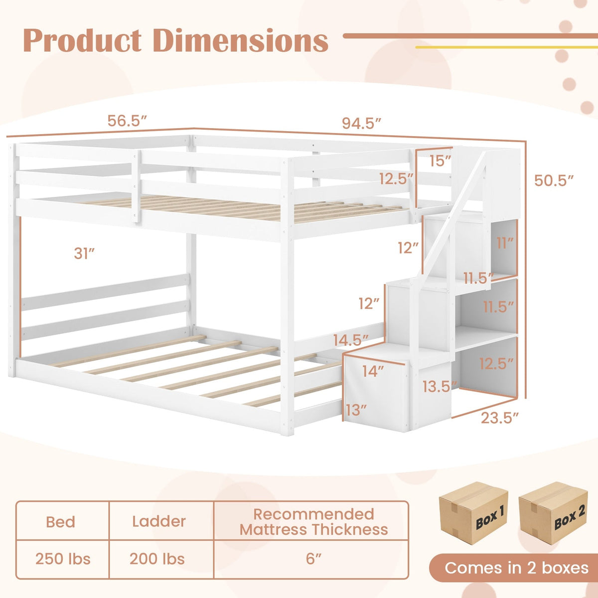Solid Wood Full Over Full Low Bunk Bed with Storage Stairs-Bunk Bed Frame-DECOROLALA