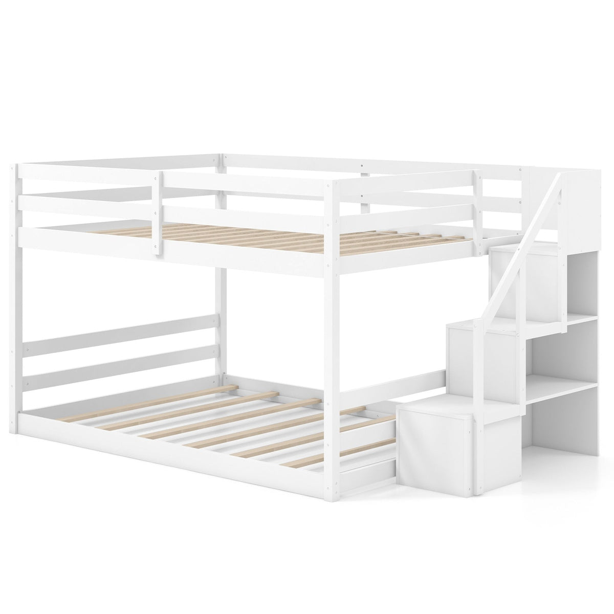 Solid Wood Full Over Full Low Bunk Bed with Storage Stairs-Bunk Bed Frame-DECOROLALA