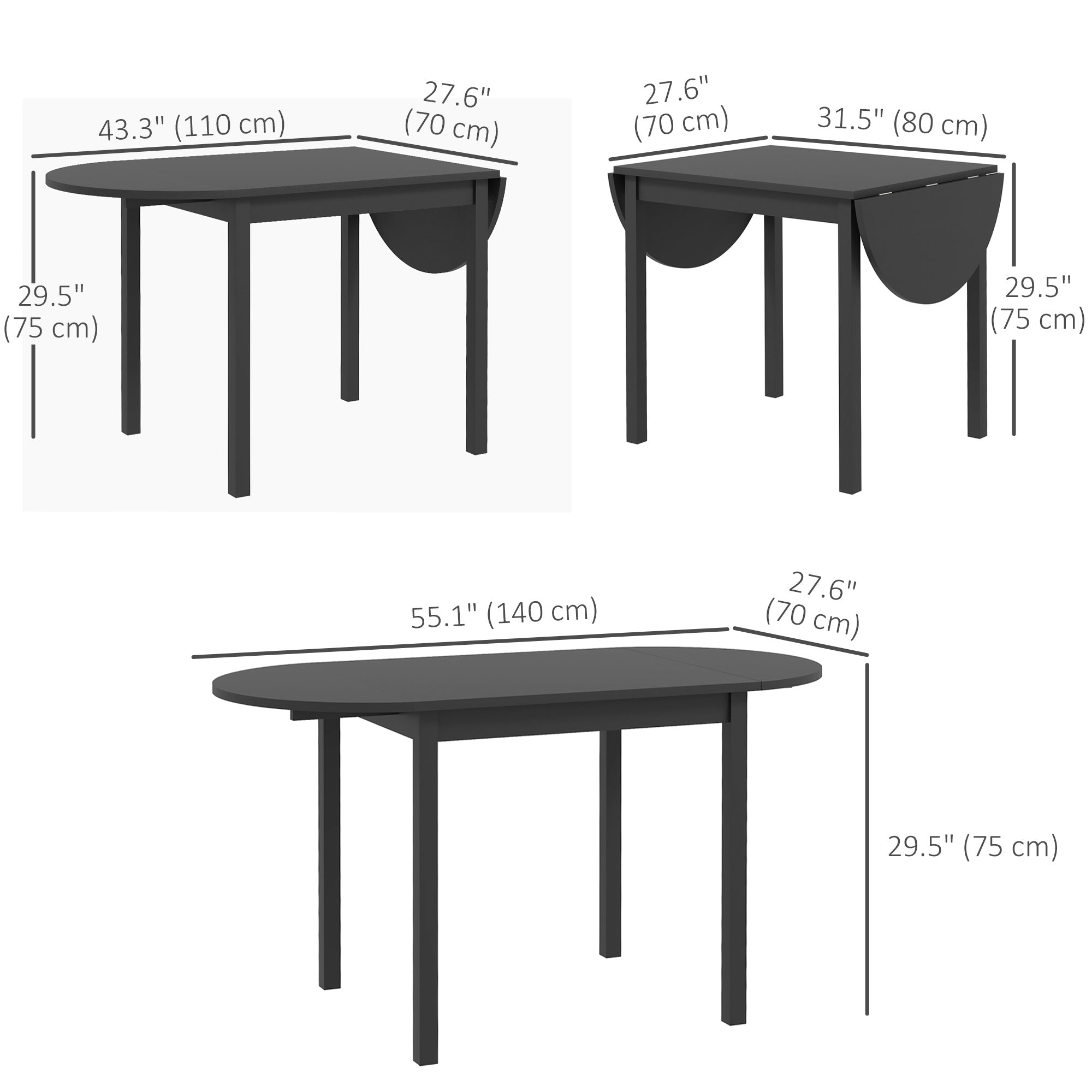 Solid Wood Kitchen Table, Black Drop Leaf Dining Table, Small Space-DECOROLALA