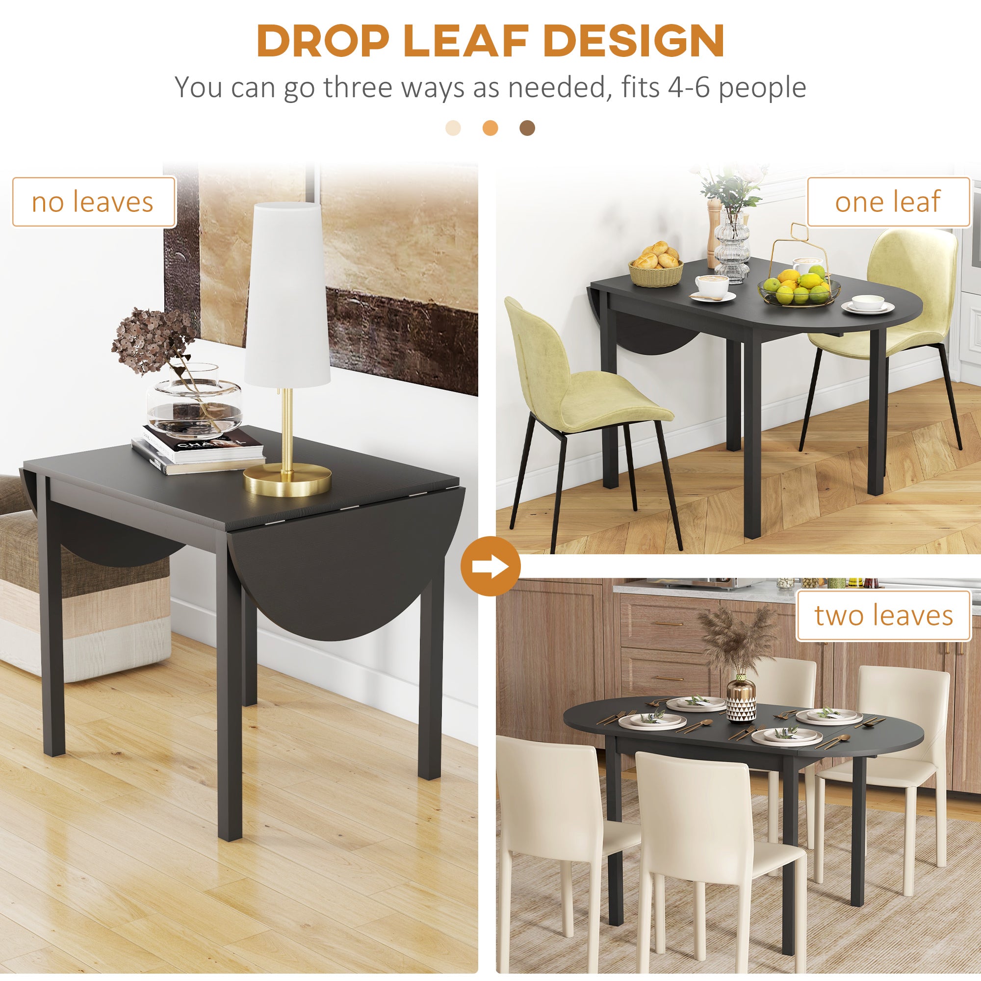 Solid Wood Kitchen Table, Black Drop Leaf Dining Table, Small Space-DECOROLALA