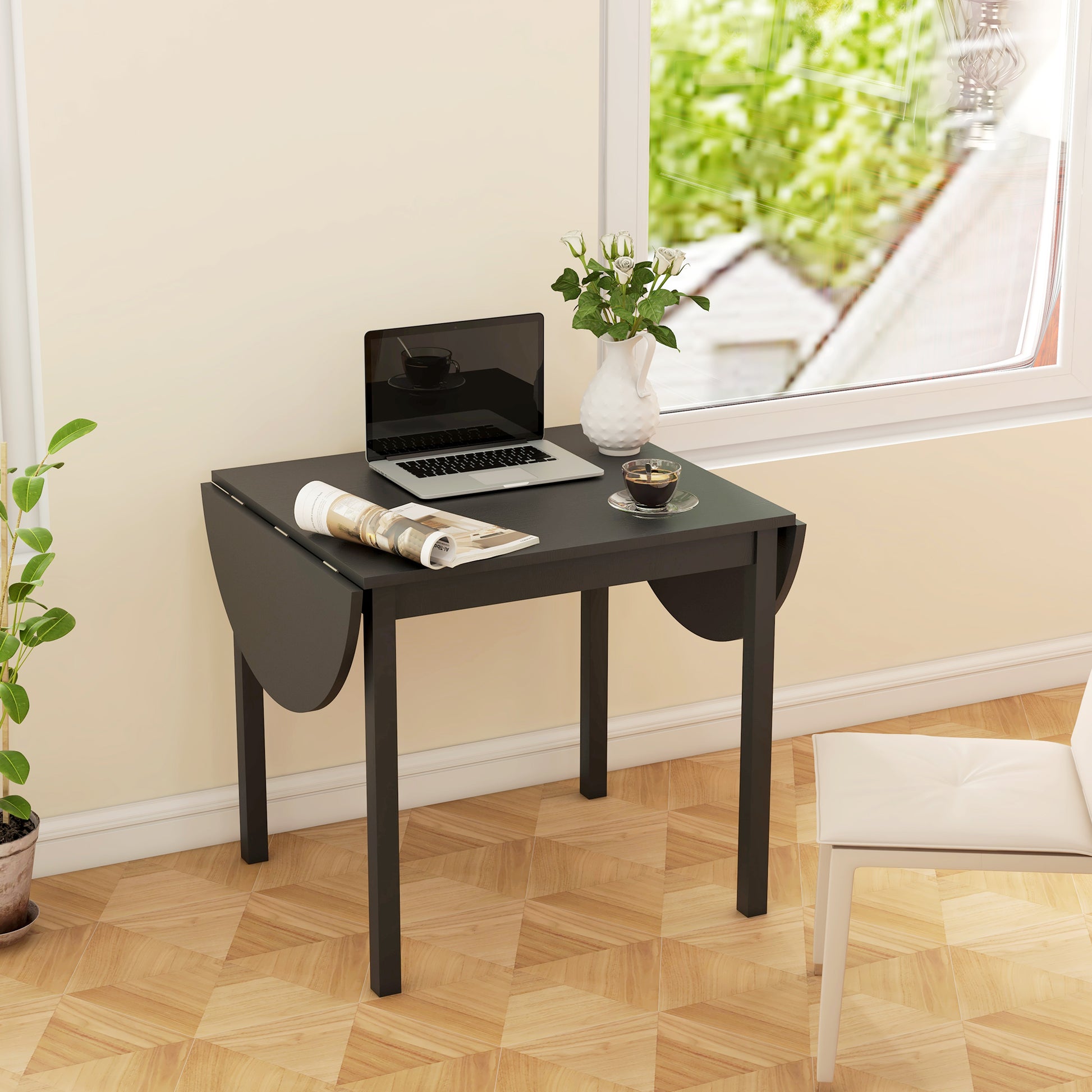 Solid Wood Kitchen Table, Black Drop Leaf Dining Table, Small Space-DECOROLALA