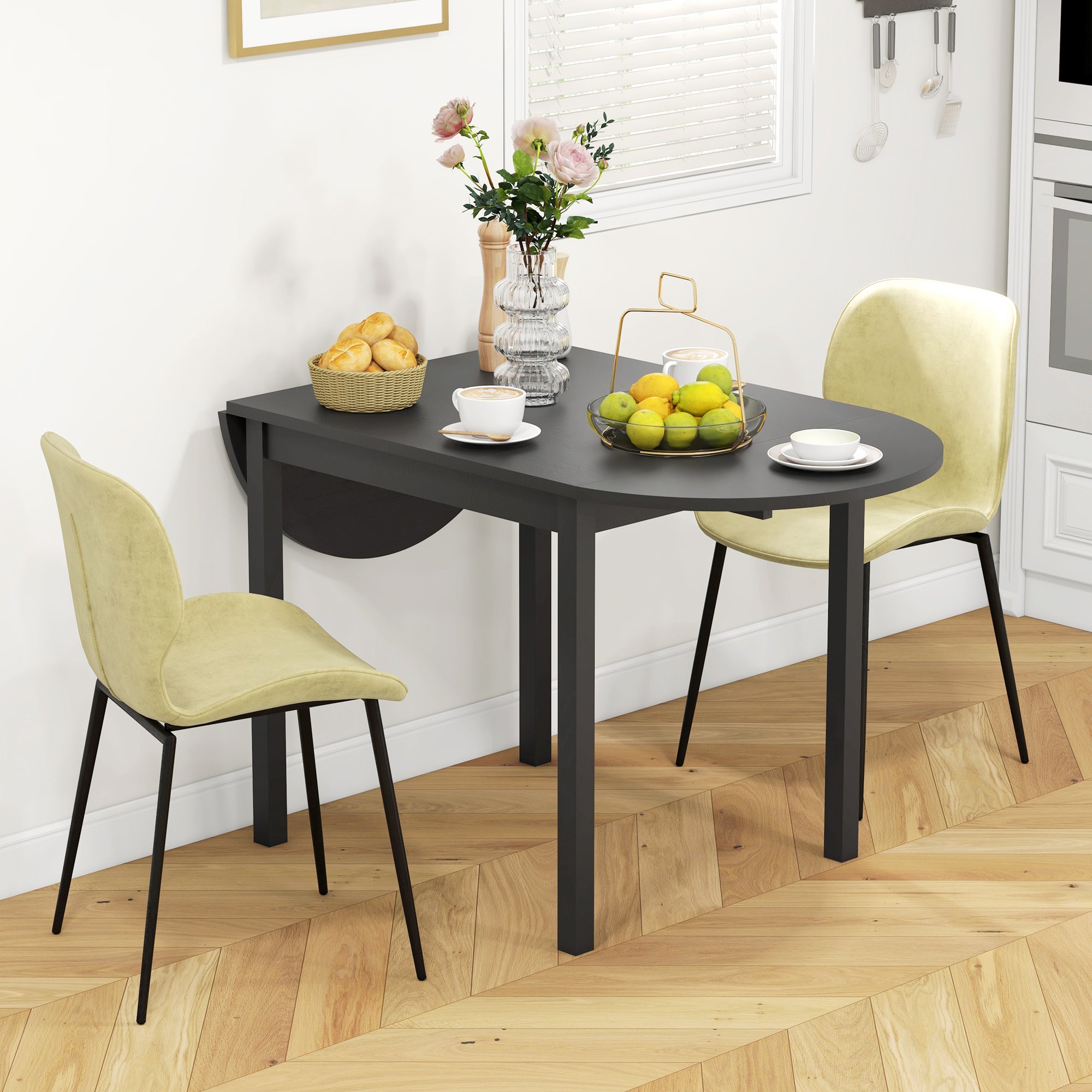 Solid Wood Kitchen Table, Black Drop Leaf Dining Table, Small Space-DECOROLALA