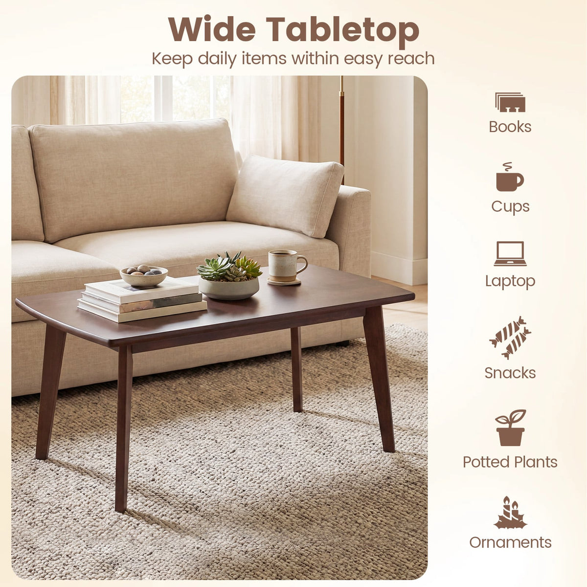 Solid Wood Modern Coffee Table with Tapered Legs-Walnut-Coffee Tables-DECOROLALA