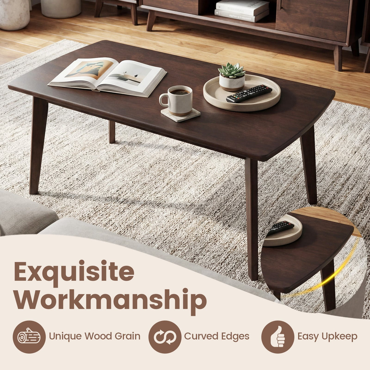 Solid Wood Modern Coffee Table with Tapered Legs-Walnut-Coffee Tables-DECOROLALA