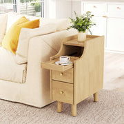 Solid Wood Night Side Table Narrow Bedside Table Nightstand with Pull-out Tray and 2 Storage Drawers-Natural-Nightstands-DECOROLALA