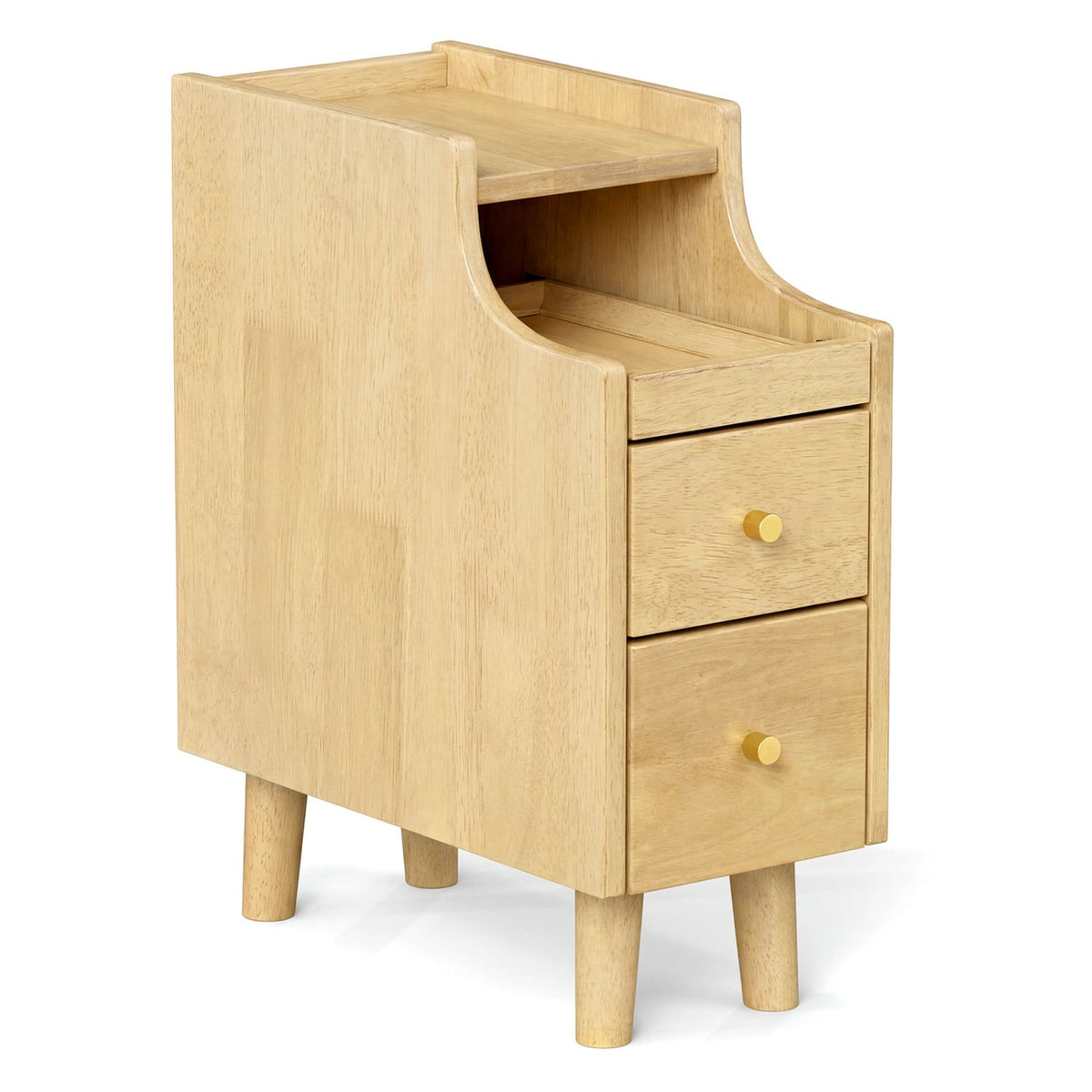 Solid Wood Night Side Table Narrow Bedside Table Nightstand with Pull-out Tray and 2 Storage Drawers-Natural-Nightstands-DECOROLALA
