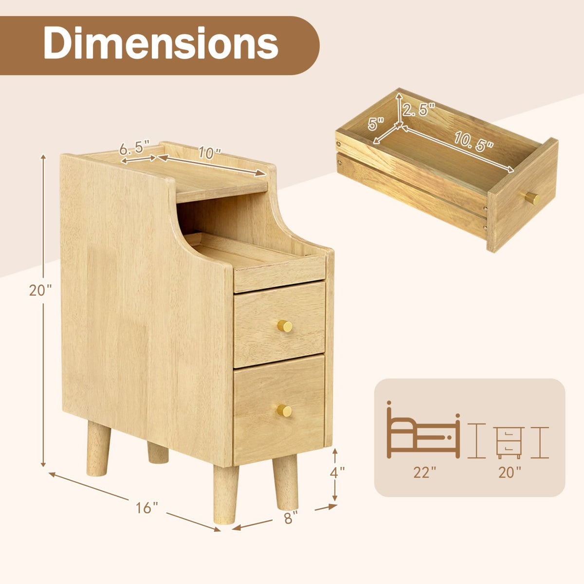 Solid Wood Night Side Table Narrow Bedside Table Nightstand with Pull-out Tray and 2 Storage Drawers-Natural-Nightstands-DECOROLALA