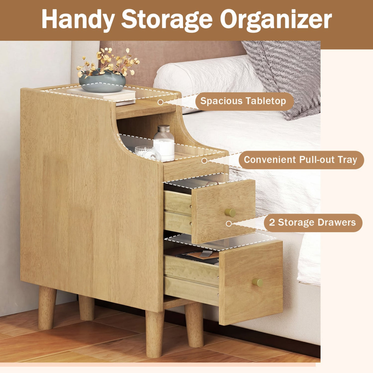 Solid Wood Night Side Table Narrow Bedside Table Nightstand with Pull-out Tray and 2 Storage Drawers-Natural-Nightstands-DECOROLALA