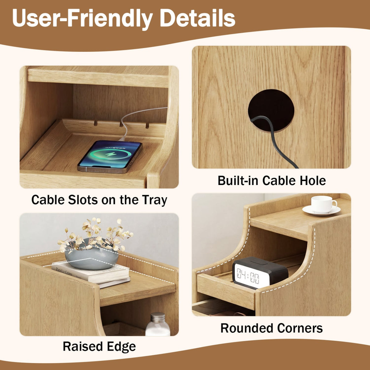Solid Wood Night Side Table Narrow Bedside Table Nightstand with Pull-out Tray and 2 Storage Drawers-Natural-Nightstands-DECOROLALA