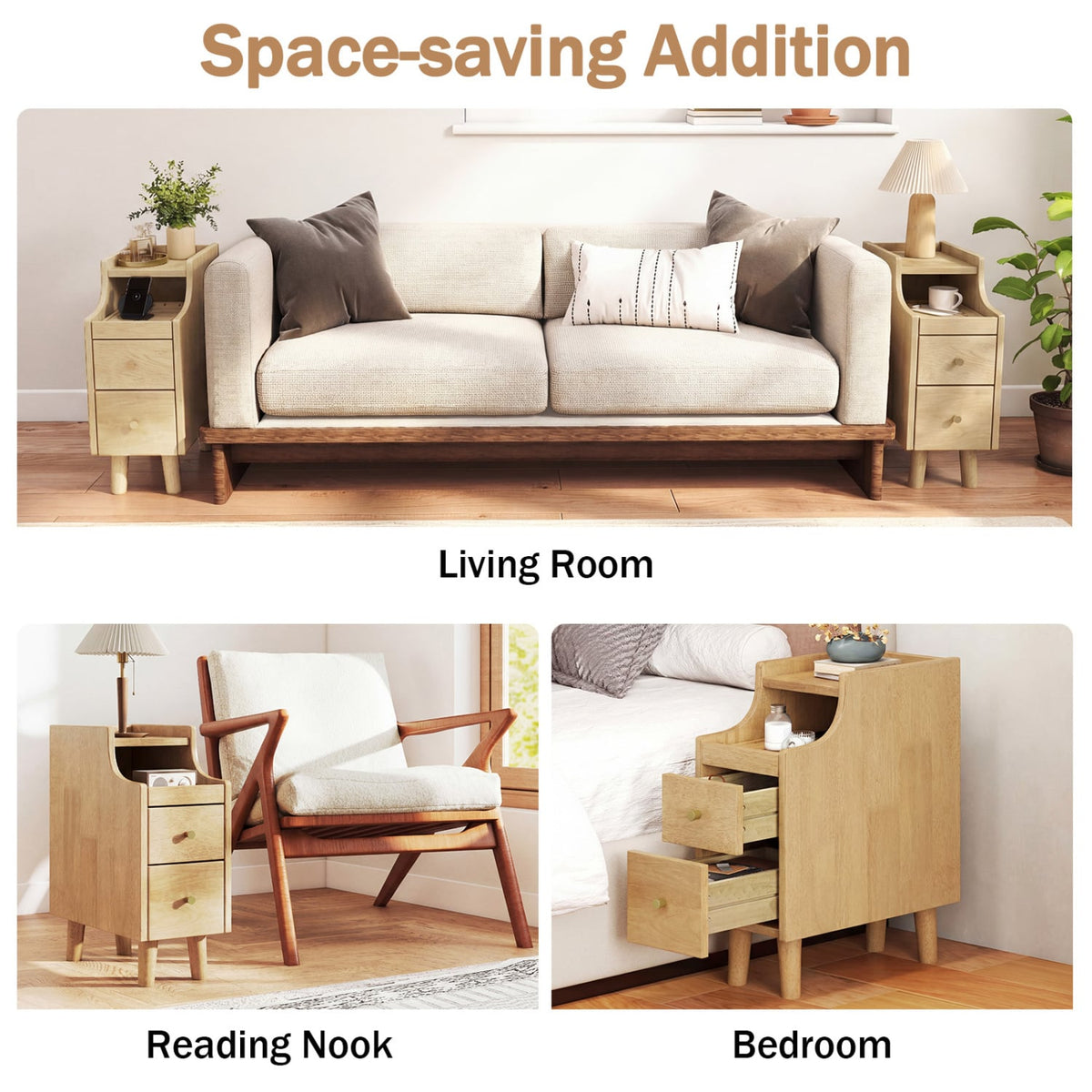 Solid Wood Night Side Table Narrow Bedside Table Nightstand with Pull-out Tray and 2 Storage Drawers-Natural-Nightstands-DECOROLALA