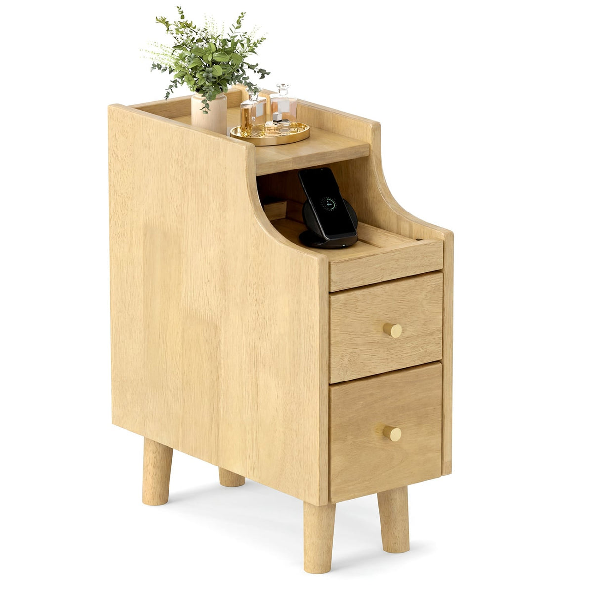 Solid Wood Night Side Table Narrow Bedside Table Nightstand with Pull-out Tray and 2 Storage Drawers-Natural-Nightstands-DECOROLALA