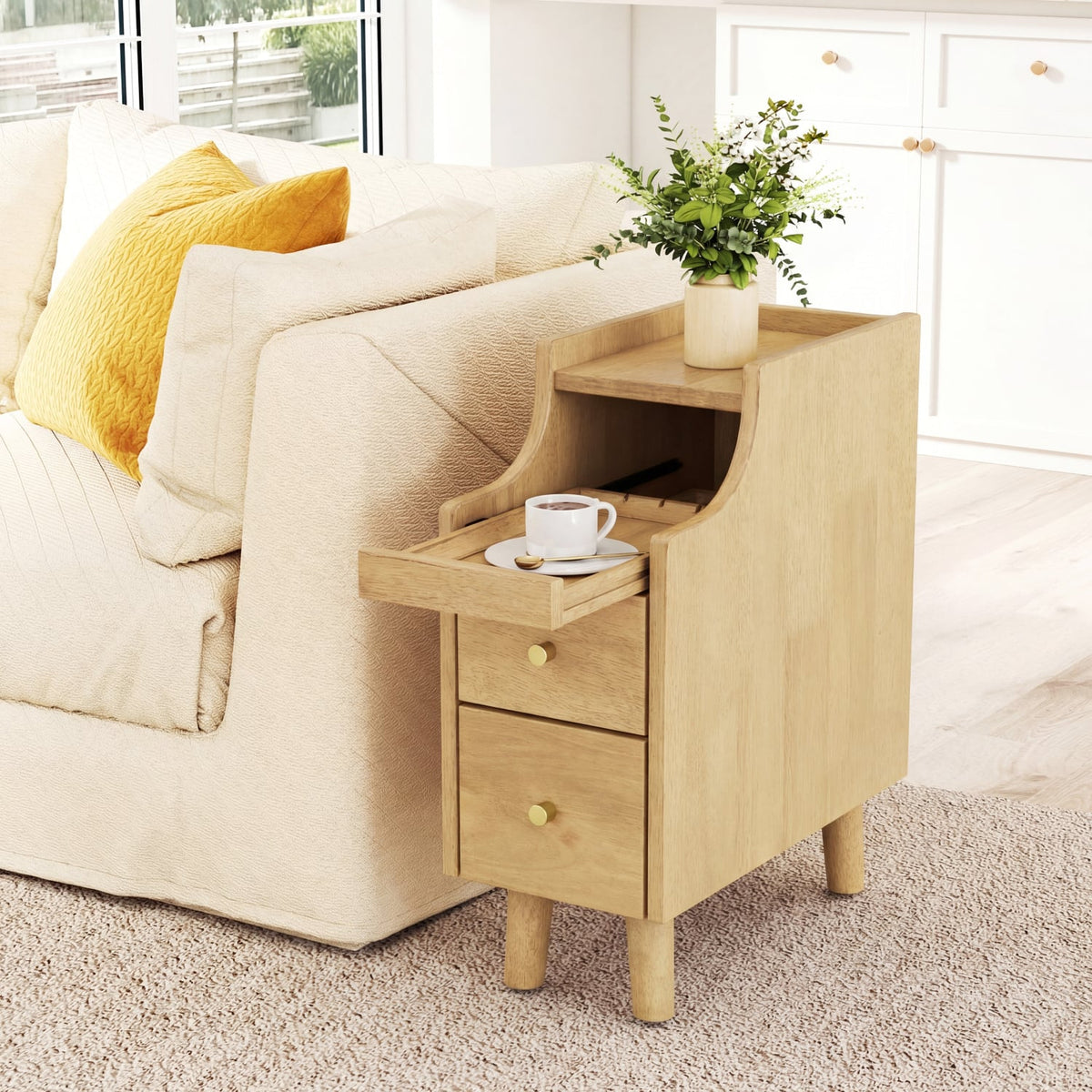 Solid Wood Night Side Table Narrow Bedside Table Nightstand with Pull-out Tray and 2 Storage Drawers-Natural-Nightstands-DECOROLALA