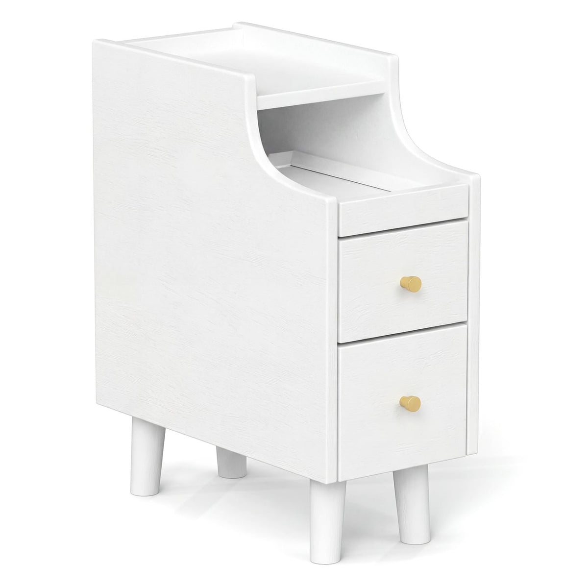 Solid Wood Night Side Table Narrow Bedside Table Nightstand with Pull-out Tray and 2 Storage Drawers-White-Nightstands-DECOROLALA